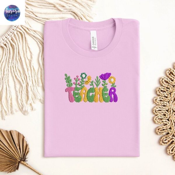 Embroidered Flower Teacher School Shirt