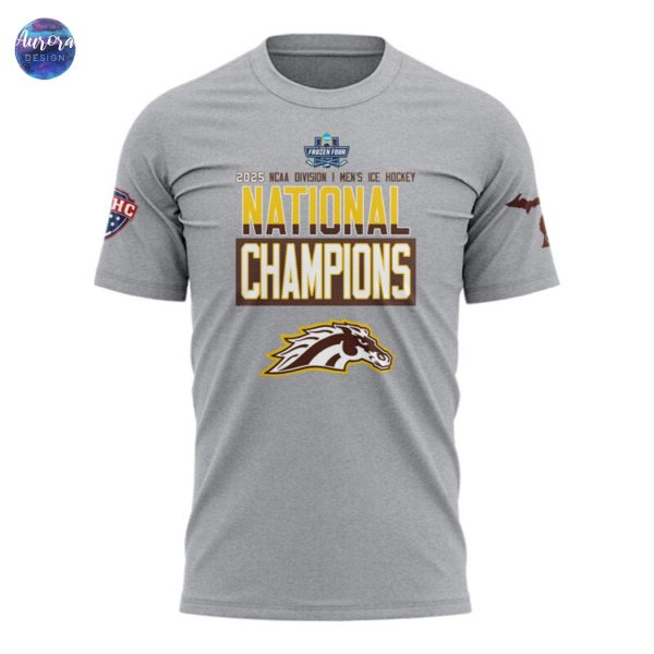Western Michigan Broncos National Mens Hockey Champions 2025 3D T-Shirt – Grey