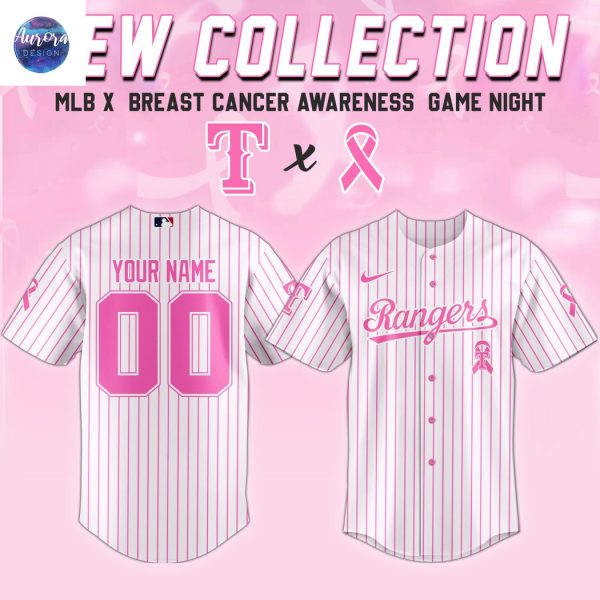 Personalized Texas Rangers Breast Cancer Awareness Baseball Jersey