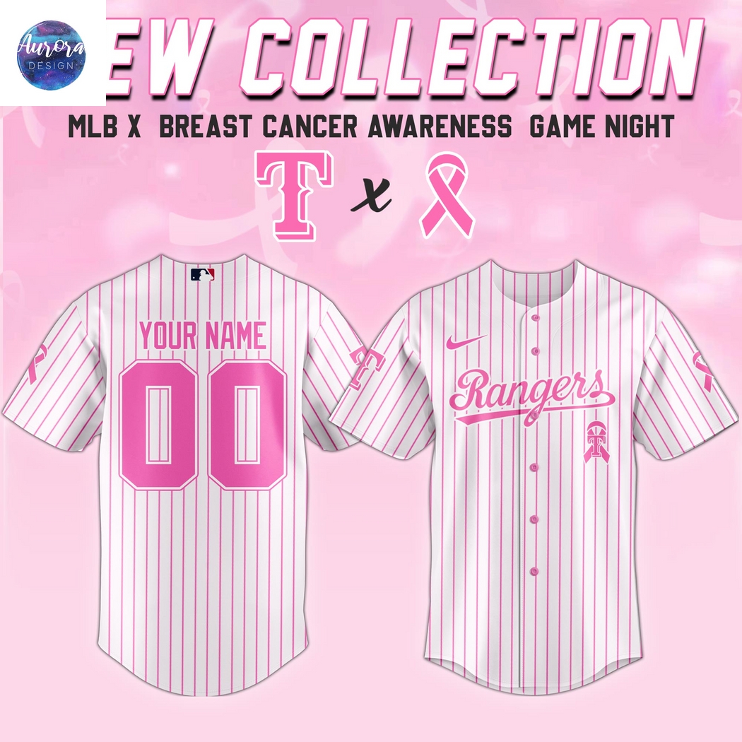 Personalized Texas Rangers Breast Cancer Awareness Baseball Jersey Personalized Texas Rangers Breast Cancer Awareness Baseball Jersey